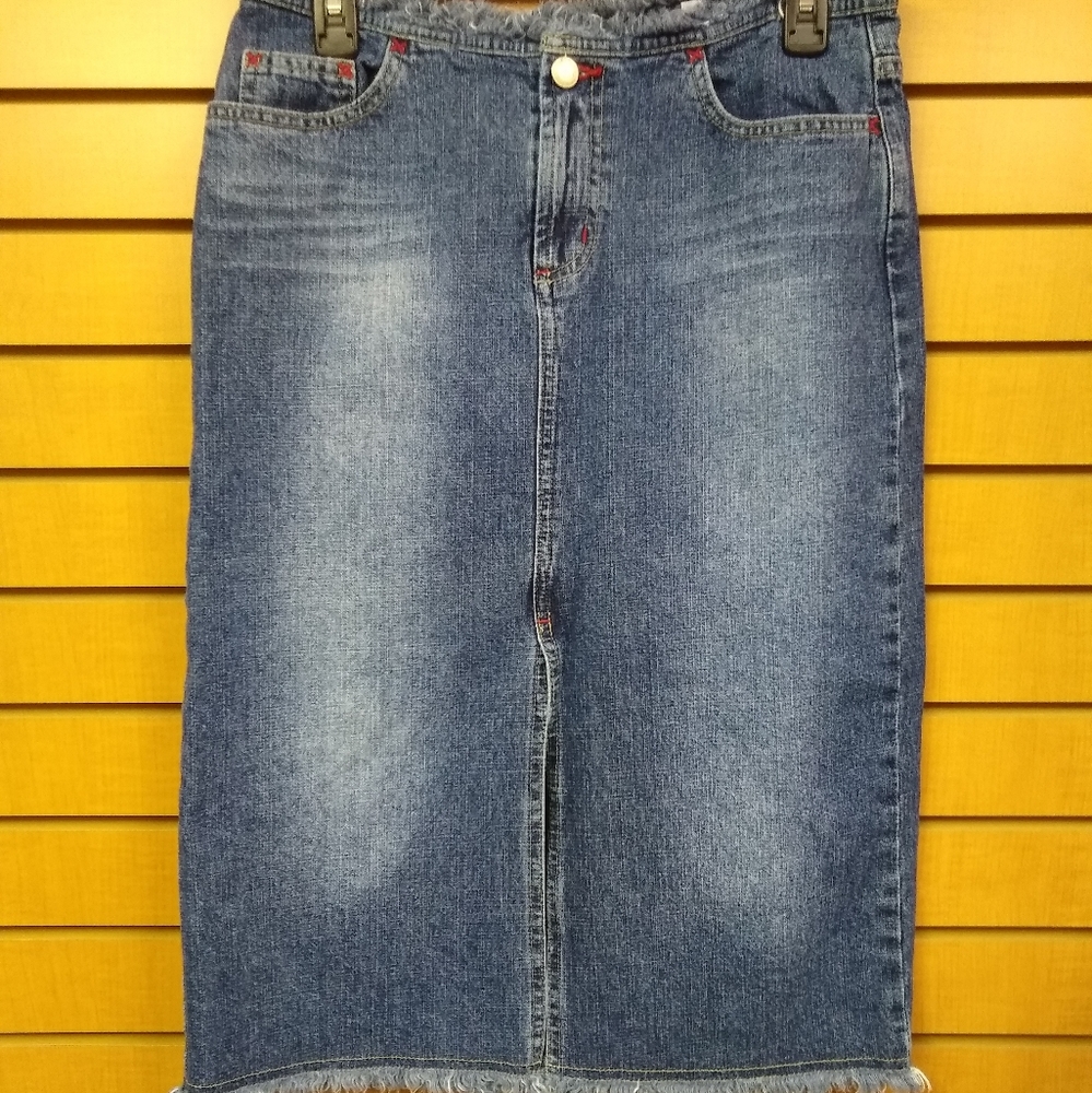 Paris Blues Sz 7 Denim Skirt Front Slit Frayed Hem
